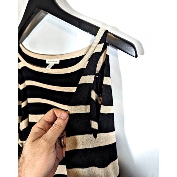 Boston Proper Size L Black Cream Cold Shoulder Stripe Trumpet Sleeve Tie Sweater - Picture 6 of 7